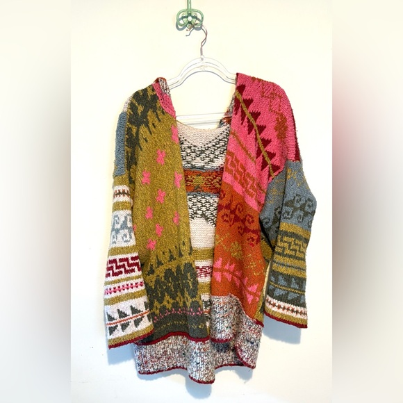 Free People Multicolor Hooded Knit Cardigan - Cream, Mustard, Blue, Red, Olive - Picture 7 of 14